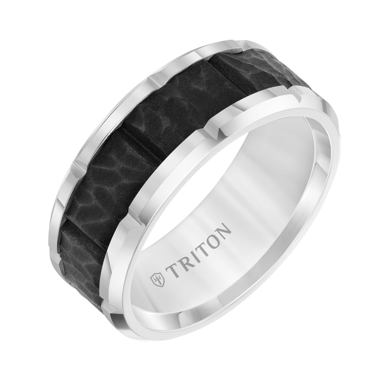 9MM White Tungsten Carbide Comfort Fit Men's Band with Black Sand Blasted Textured Center with Vertical Cuts and Bright Cut Rims