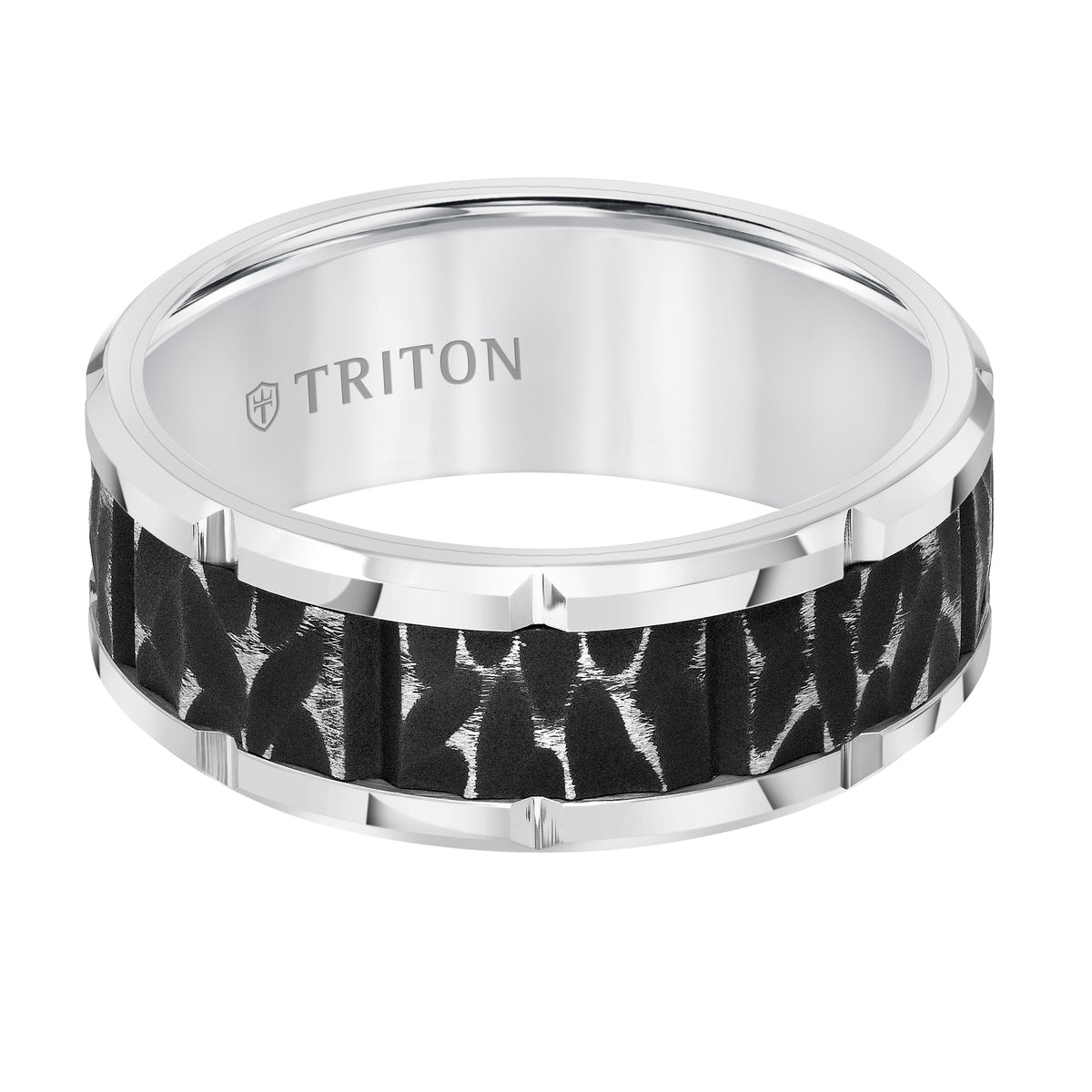 9MM Tungsten Carbide Comfort Fit Men's White Band with Black Sand Blasted Textured Center with Flat Profile and Bright Cut Rims