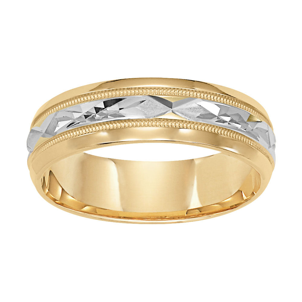 Uniquely styled, this two-tone gold, Comfort Fit wedding band features a bright polished cut design with milgrain and round edges