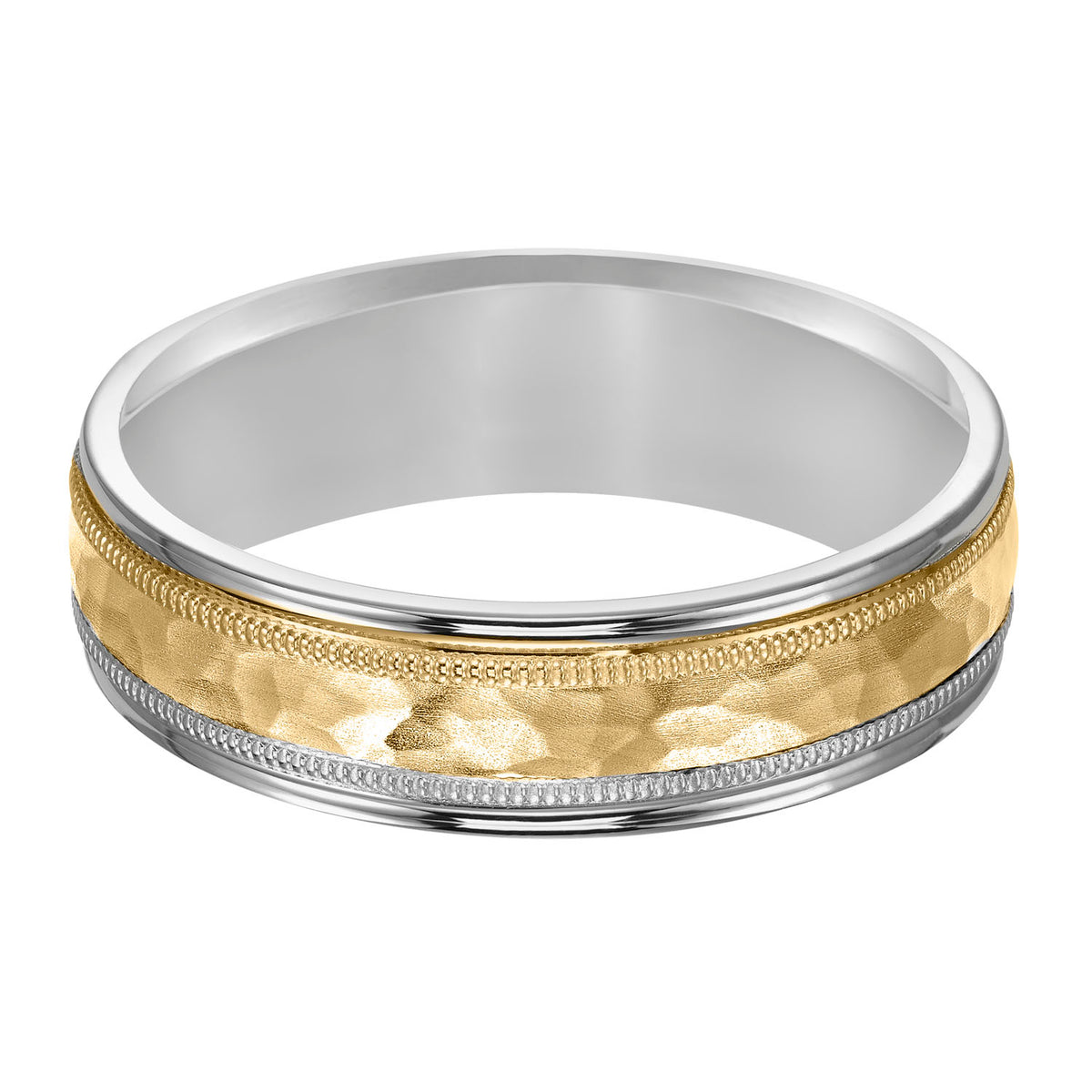 Comfort fit two tone wedding band with brushed hammered finish and milgrain Please note hand hammered styles will have slight variations due to the nature of the manufacturing process
