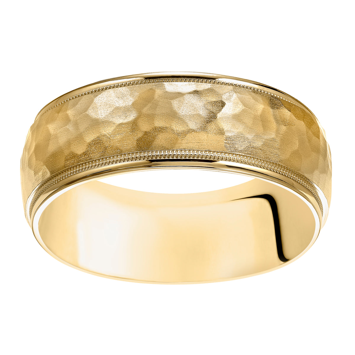 This low domed Comfort Fit yellow gold wedding band features a brushed hammered finish with milgrain and round edges for a luxurious look Please note hand hammered styles will have slight variations due to the nature of the manufacturing process