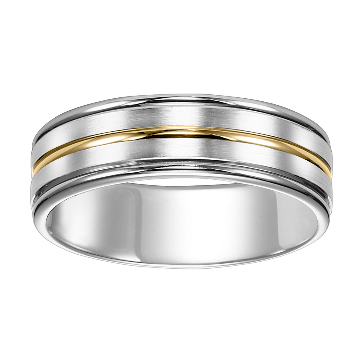 Sleek lines inspired the design of this two-tone gold, Comfort Fit wedding band enhanced with a brushed finish and round edges to complete the look