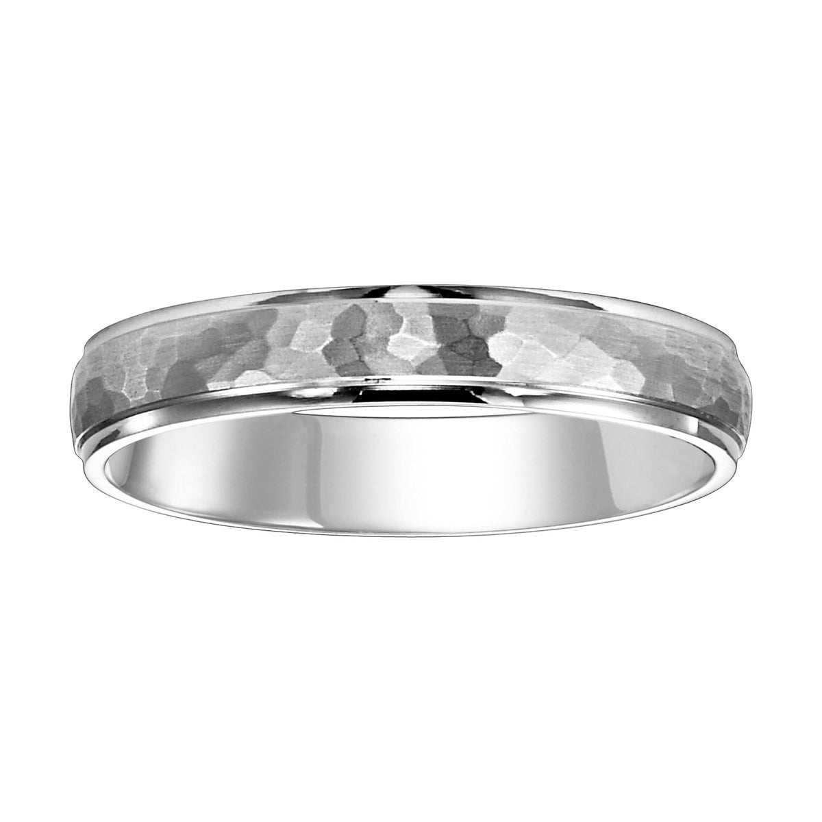 Exquisitely crafted this low domed Comfort Fit wedding band features a brushed hammered finish and bright round edges Please note hand hammered styles will have slight variations due to the nature of the manufacturing process