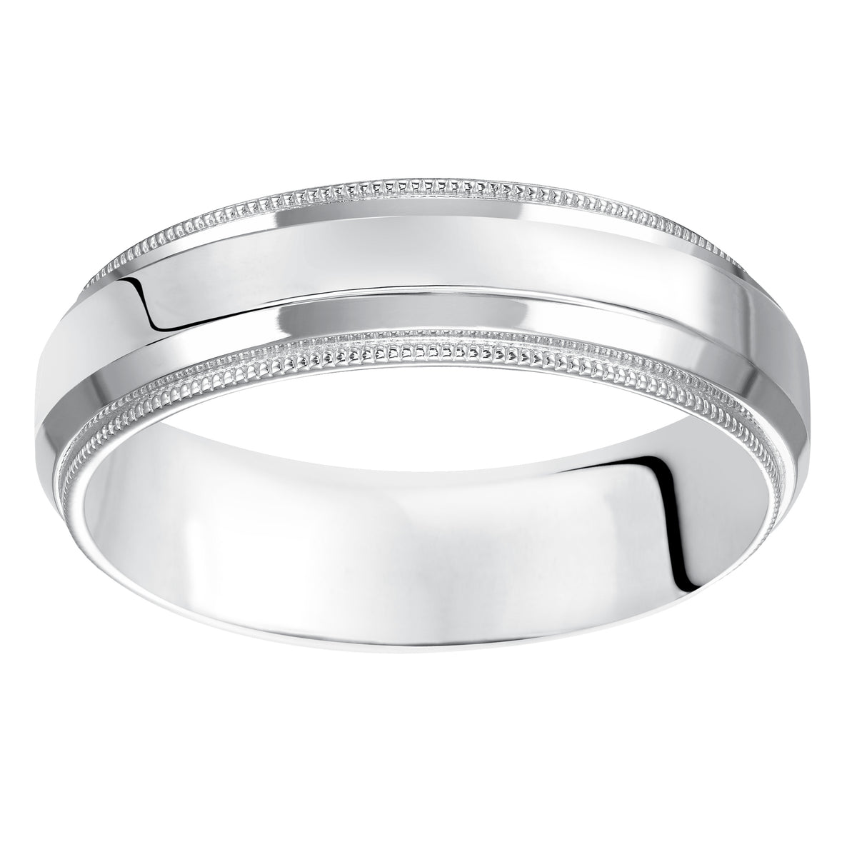 Classic lines inspired this sleek, low-domed, Comfort Fit wedding band enhanced with bright polished finish, milgrain and round edges