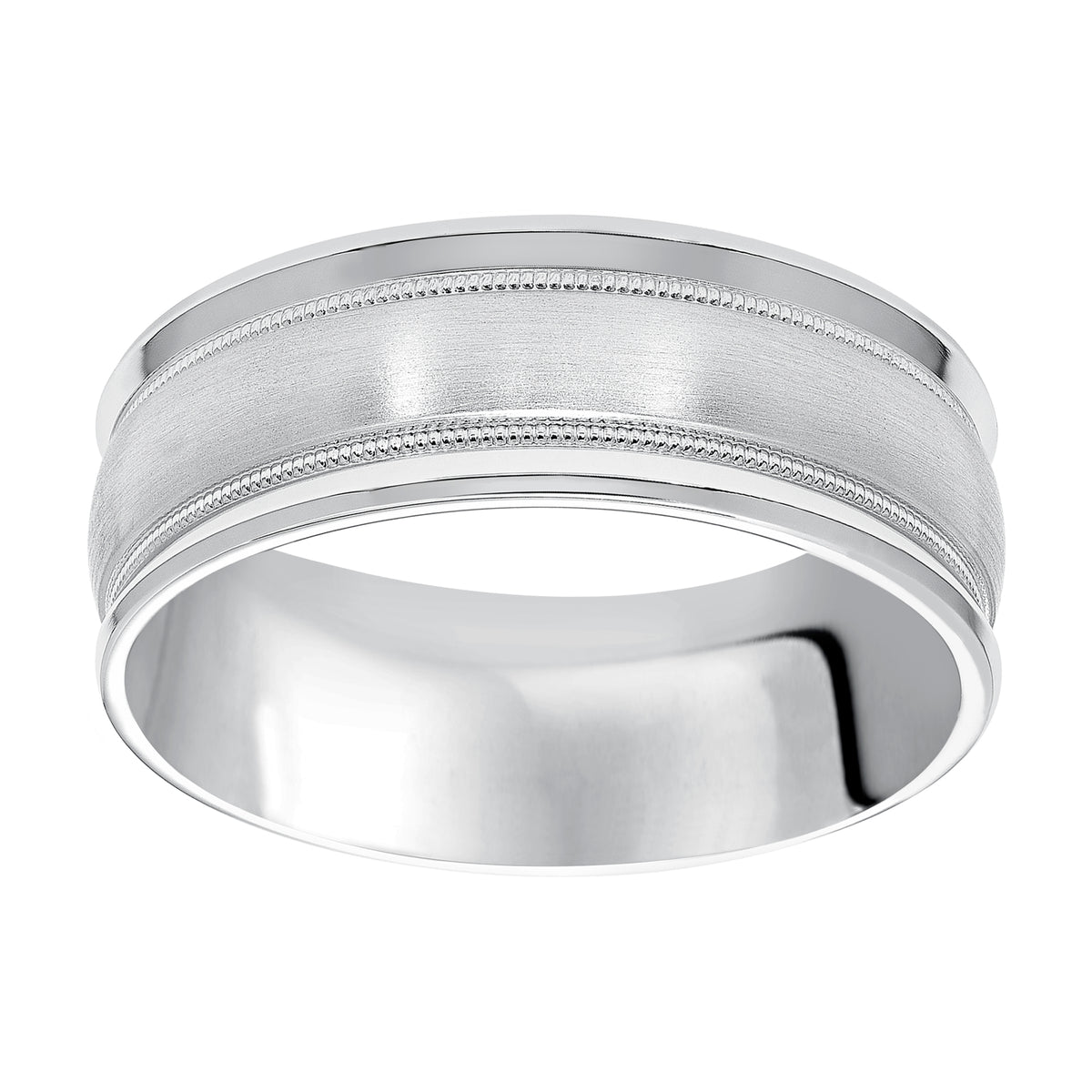 This low-dome styled, Comfort Fit wedding band features a classic design with its brushed finish, milgrain accents and beveled edge