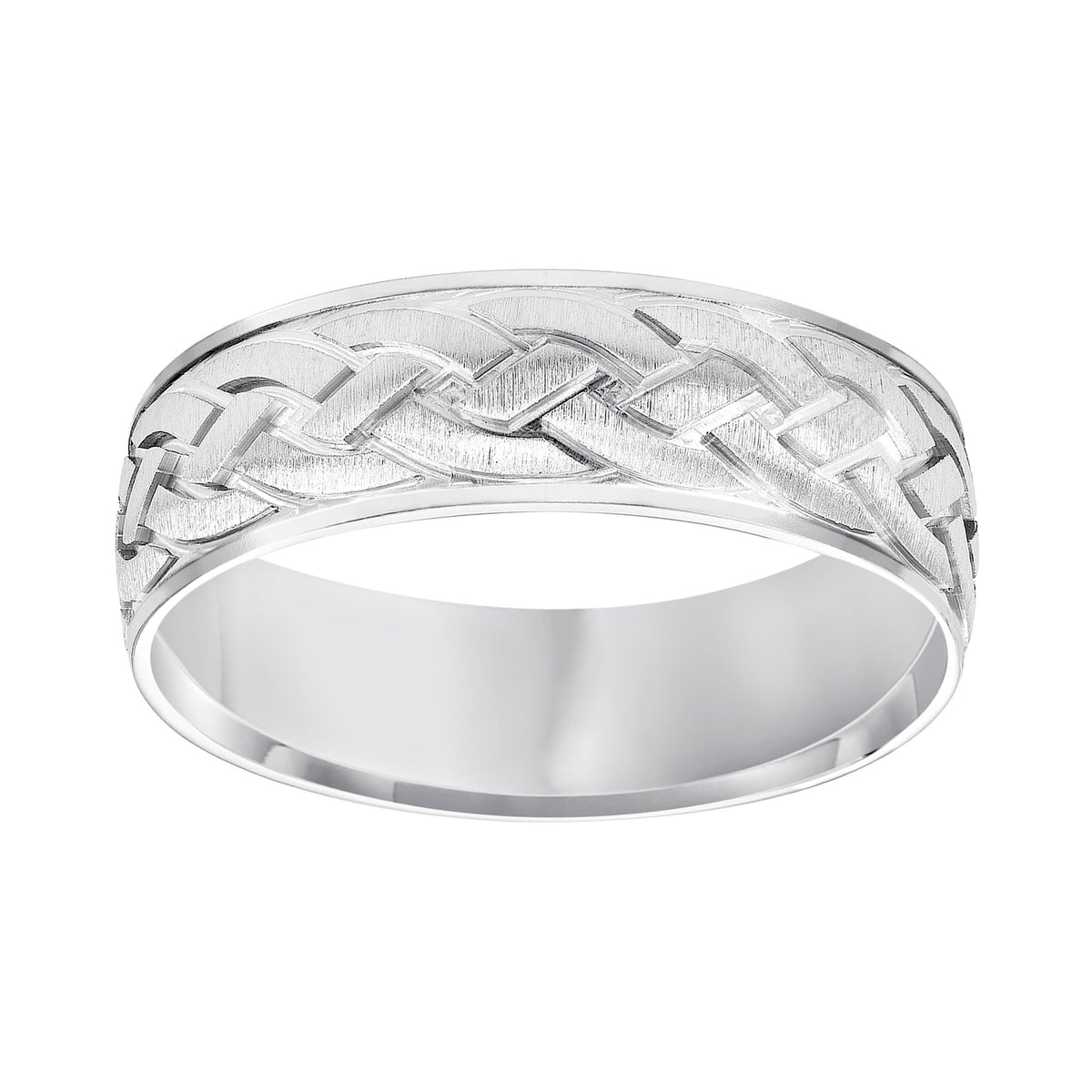 Featuring a satin finished rope motif design, this low-domed style, Comfort Fit wedding band is understated yet distinct