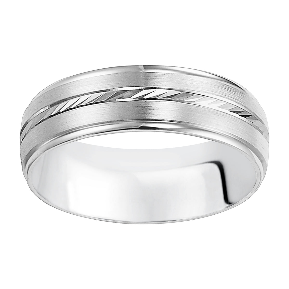 This low-domed styled, Comfort Fit wedding band features a satin finish with a diagonal center cuts and rounded edge for a modern twist on a classic design