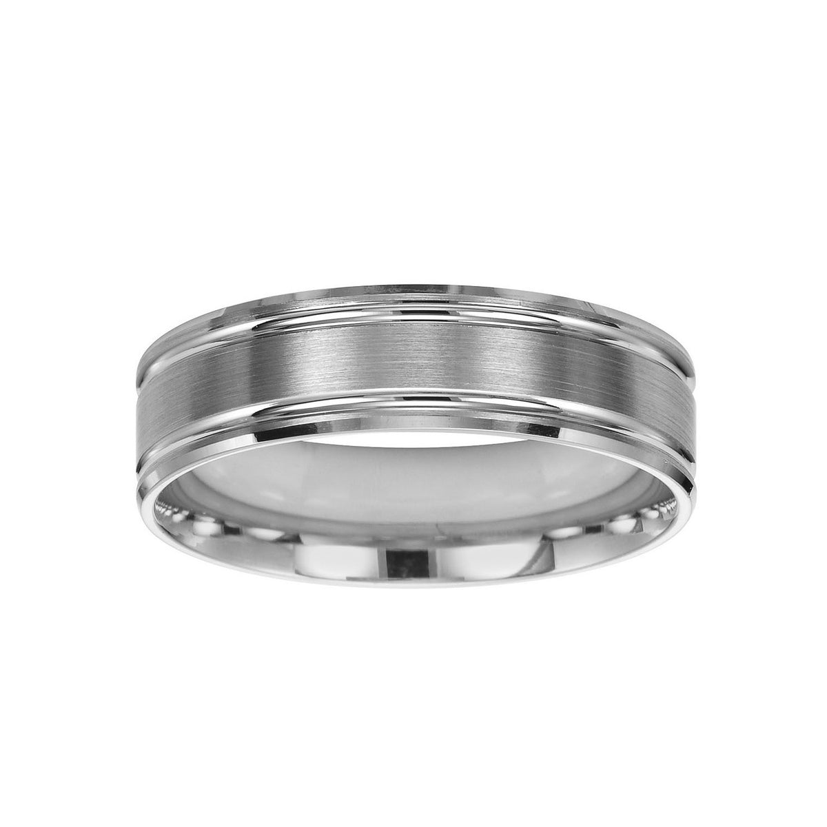 Featuring a two-tone gold, brushed finish with contrasting channels and a stepped edge, this Comfort Fit wedding band is simply luxurious