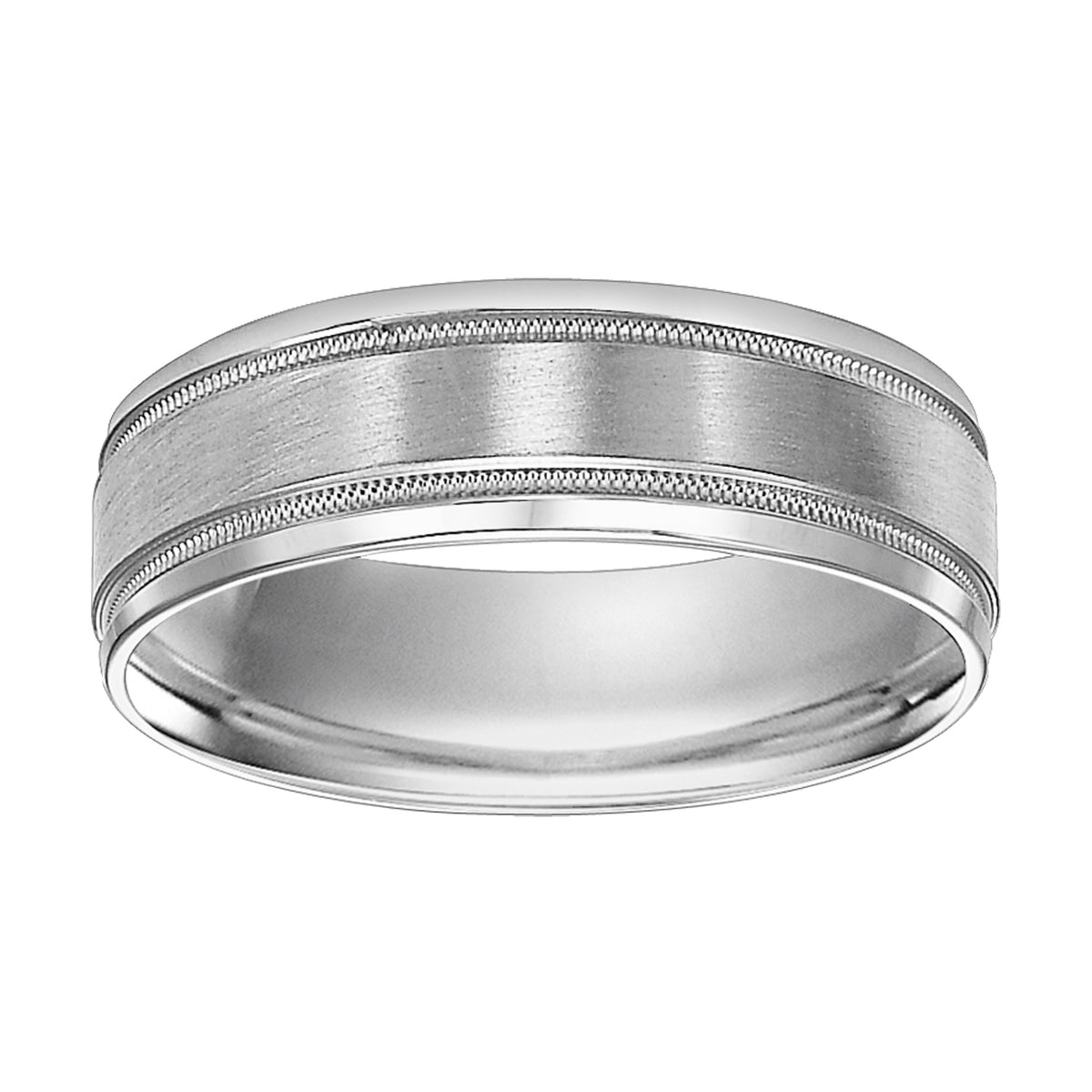 Featuring a flat satin finish with milgrain and a beveled edge, this Comfort Fit, wedding band is truly noble in design