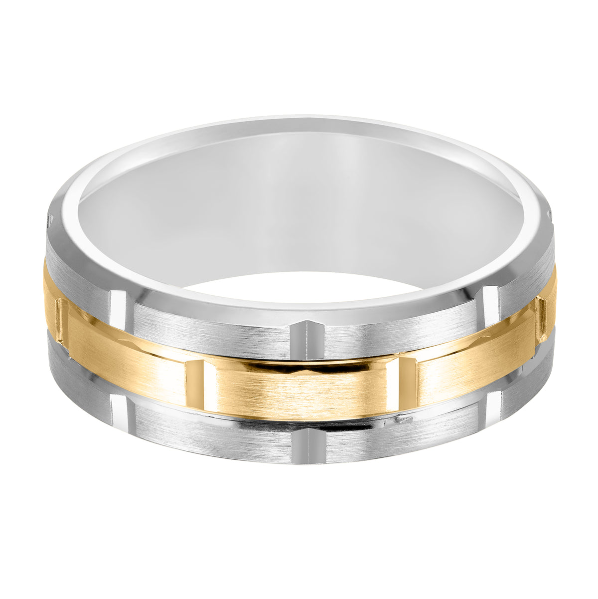 This innovative, matrix-inspired Comfort Fit, wedding band features a flat, satin finish with vertical cuts and a beveled edge