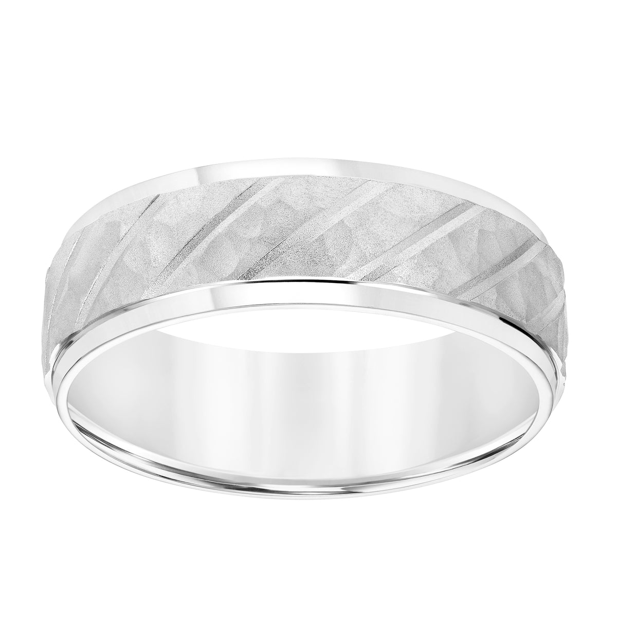 7MM Wedding Band with Hammered Finish Diagonal Cuts and Bright Finished Edges Please note hand hammered styles will have slight variations due to the nature of the manufacturing process