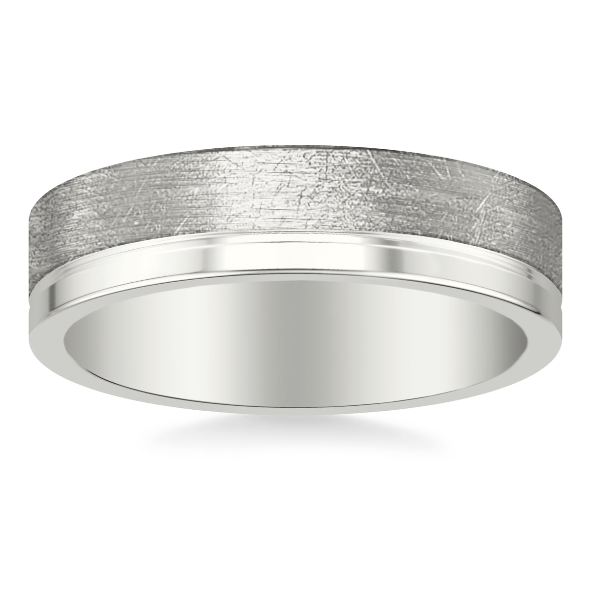 6MM Band with Asymmetrical Crystalline and Polished Finishes Separated by Horizontal Groove and Flat Top & Flat Edge Profile