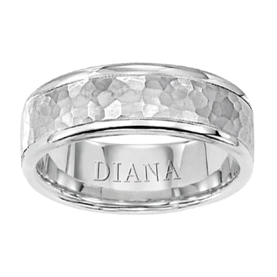 Comfort Fit Wedding Band with hammer finish and rolled edge Please note hand hammered styles will have slight variations due to the nature of the manufacturing process