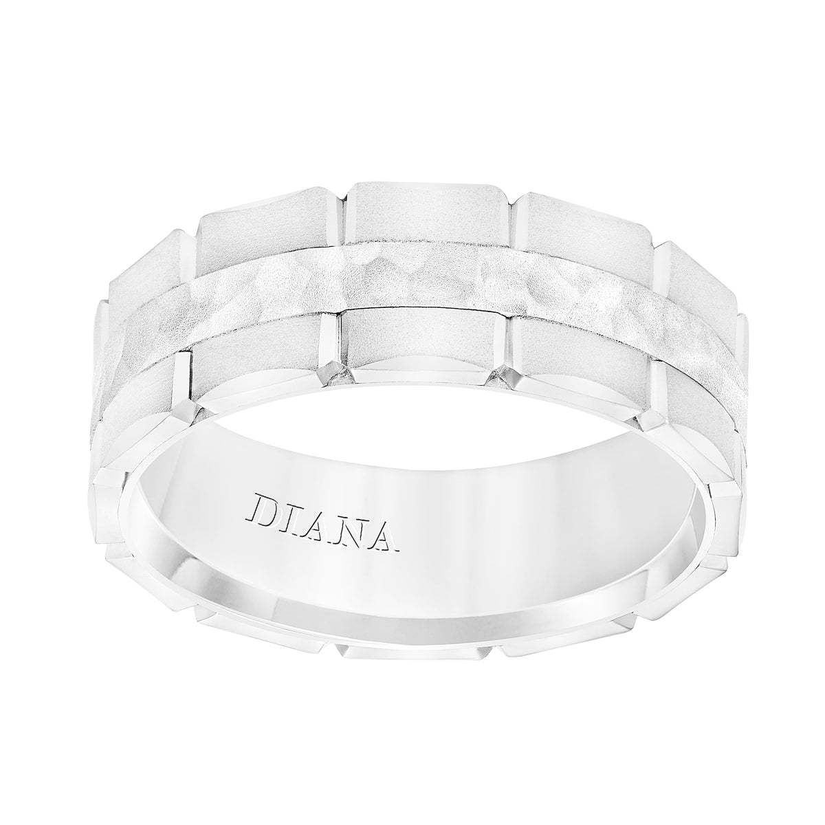 Mens Band with Brushed Finish Brick Detail with Hammered Center and Brushed Edge Please note hand hammered styles will have slight variations due to the nature of the manufacturing process