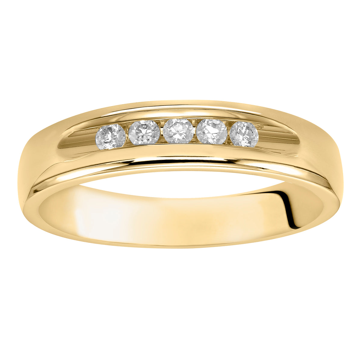 This 5 stone diamond, Comfort Fit wedding band features a bright polished finish and flat edge for a classic look that is sure to make a statement