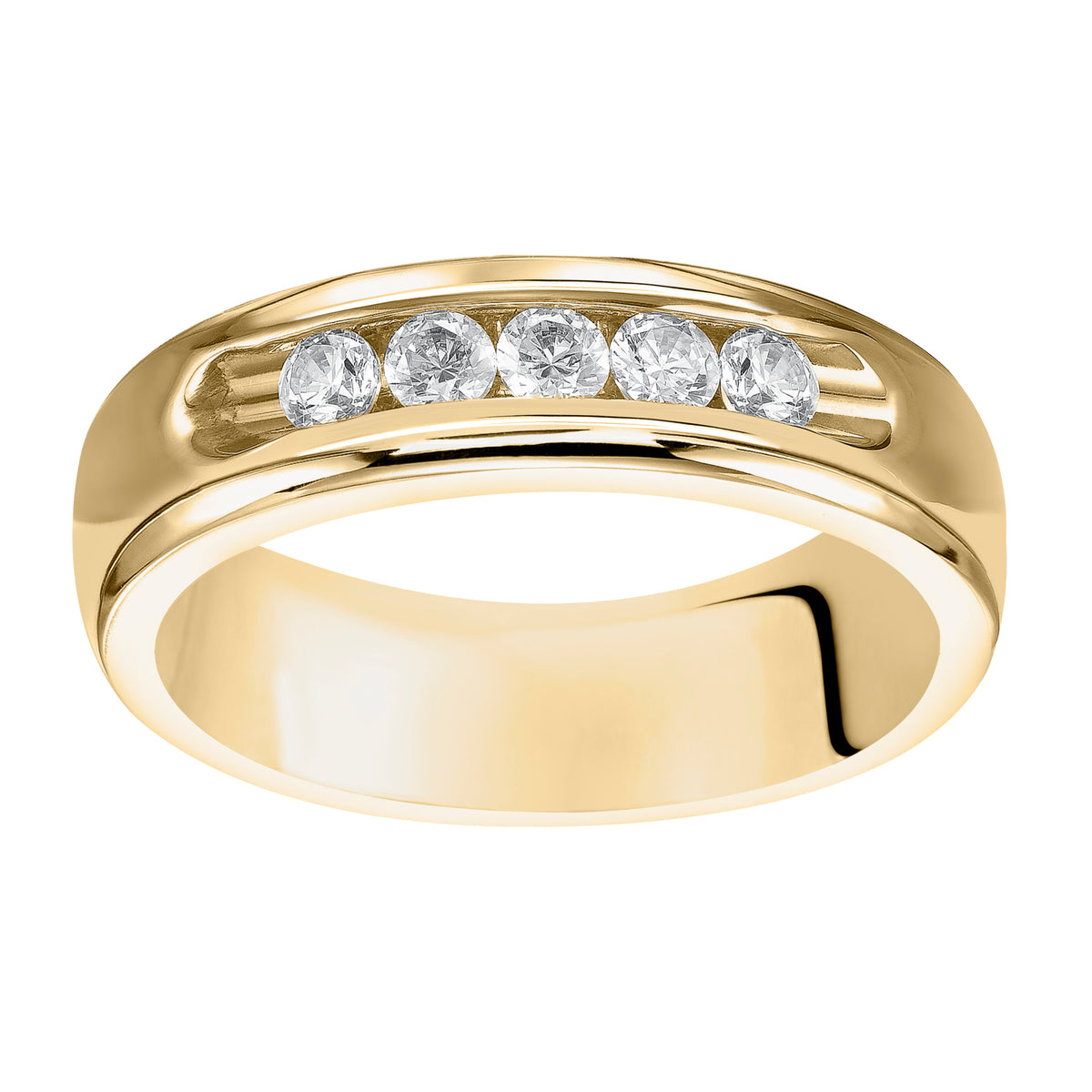 This 5 stone diamond, Comfort Fit, wedding band features a bright polished finish and flat edge for a classic look that is sure to make a statement