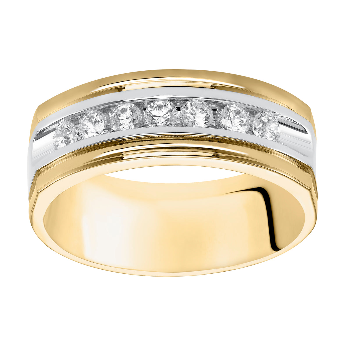 This 7 stone diamond, two-tone gold wedding band features a low-domed style, semi-square profile, bright polished finish and flat edges