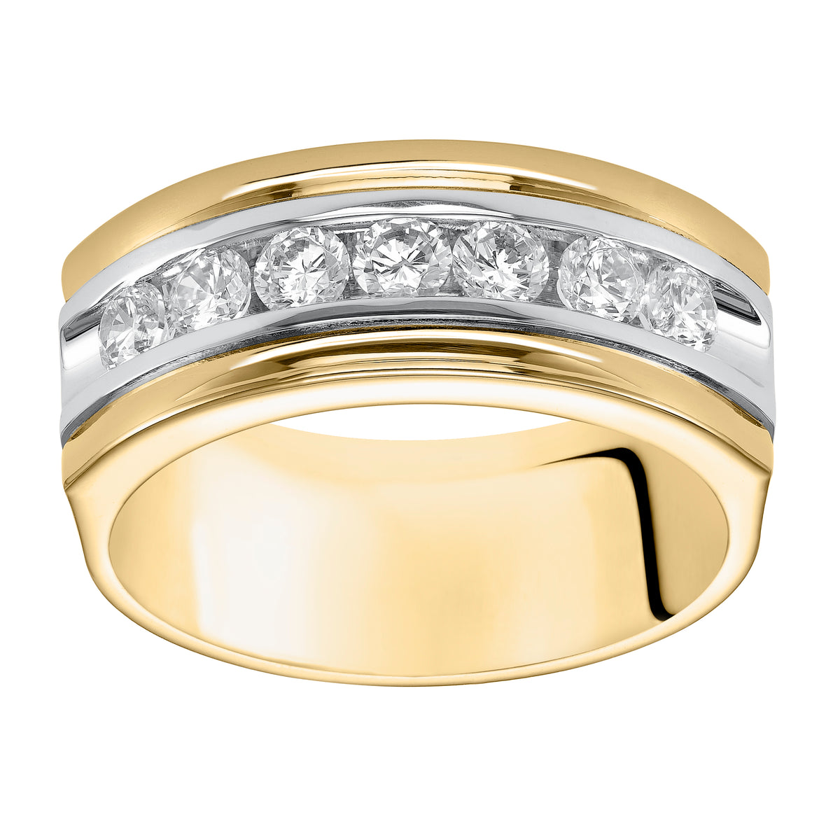This 7 stone diamond, two-tone gold wedding band features a low-domed style, semi-square profile, bright polished finish and flat edges