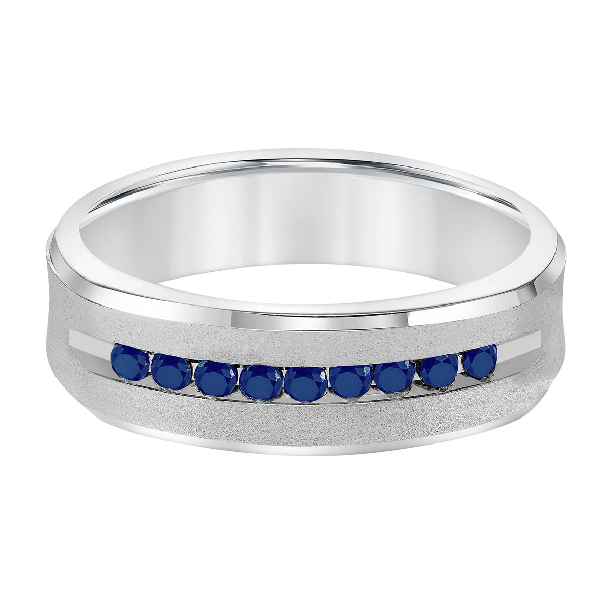 Luxuriously designed, this 9 stone blue sapphires wedding band features a low-domed, semi-square profile with a soft sand finish and flat edges