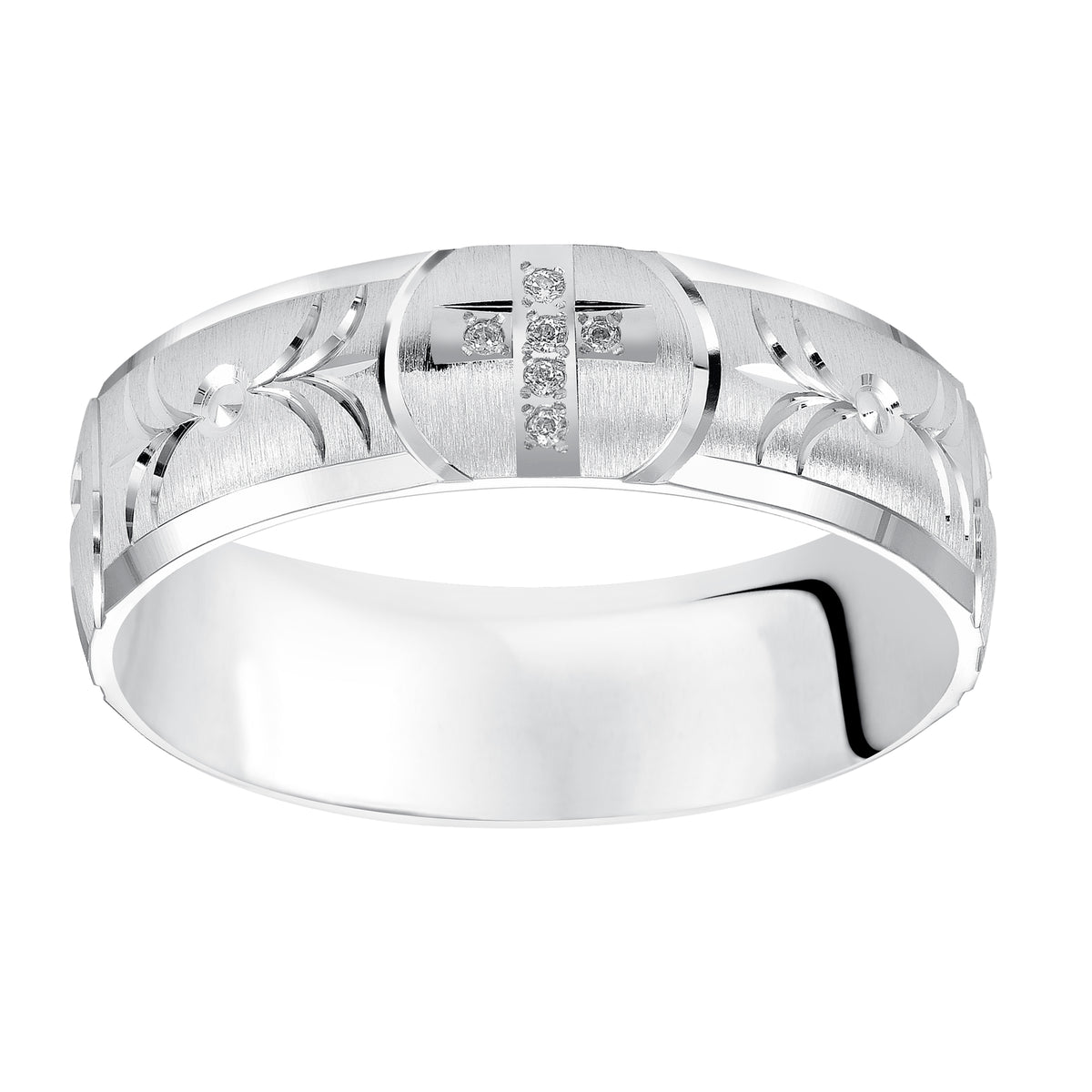Set to perfection, an exquisite diamond cross enhances this Comfort Fit, wedding band with bright cuts, a vertical satin finish and beveled edge