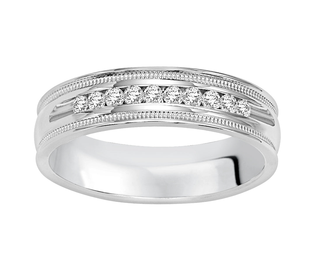 Traditional milgrain paired with a modern, bright finish, round edges and 10 stone channel set diamonds are the perfect combination for this exquisite, Comfort Fit, wedding band