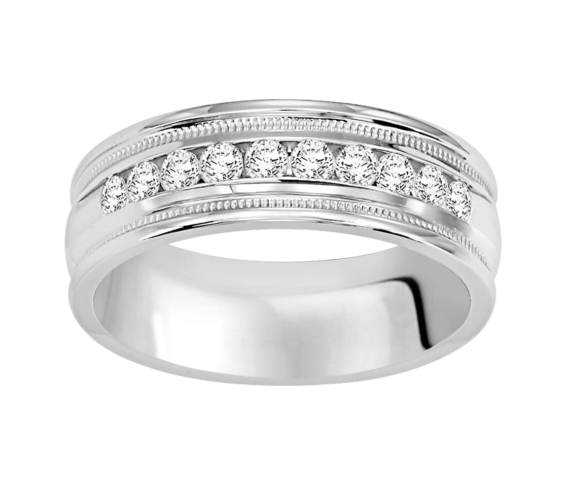 Traditional milgrain paired with a modern, bright finish, round edges and 10 stone channel set diamonds are the perfect combination for this exquisite, Comfort Fit, wedding band