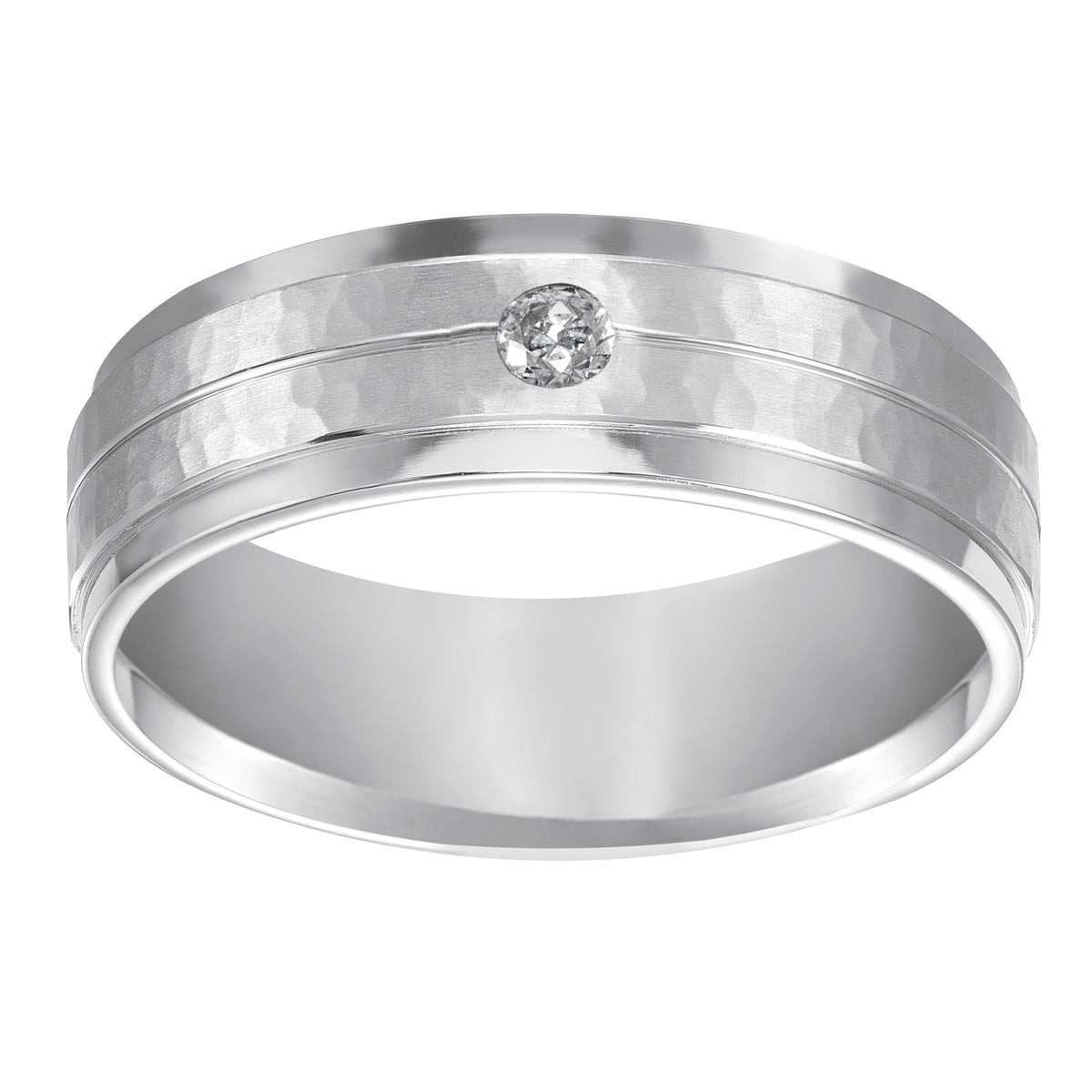 A modern classic, this Comfort Fit wedding band features a single stone diamond enhanced with a brushed, hammer finish and rolled edges