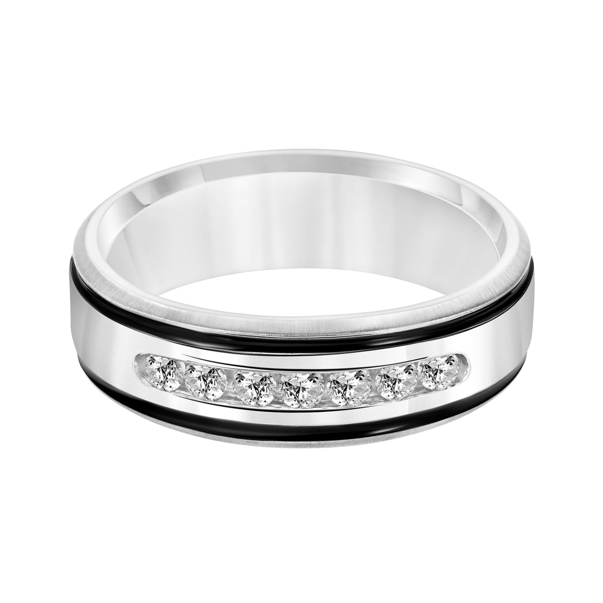 Mens Comfort Fit Wedding Band with Channel Set Diamond Center and Black Epoxy Side Stripes Bright Center and Satin Finish Edge