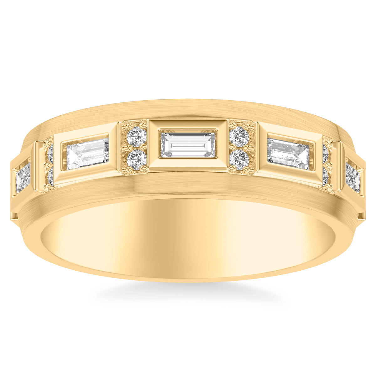 7MM Modernist Diamond Collection Band with Alternating Bezel Set Baguette & Channel Set Diamonds & Brushed Center & Polish Finish Stepped Edge Profile