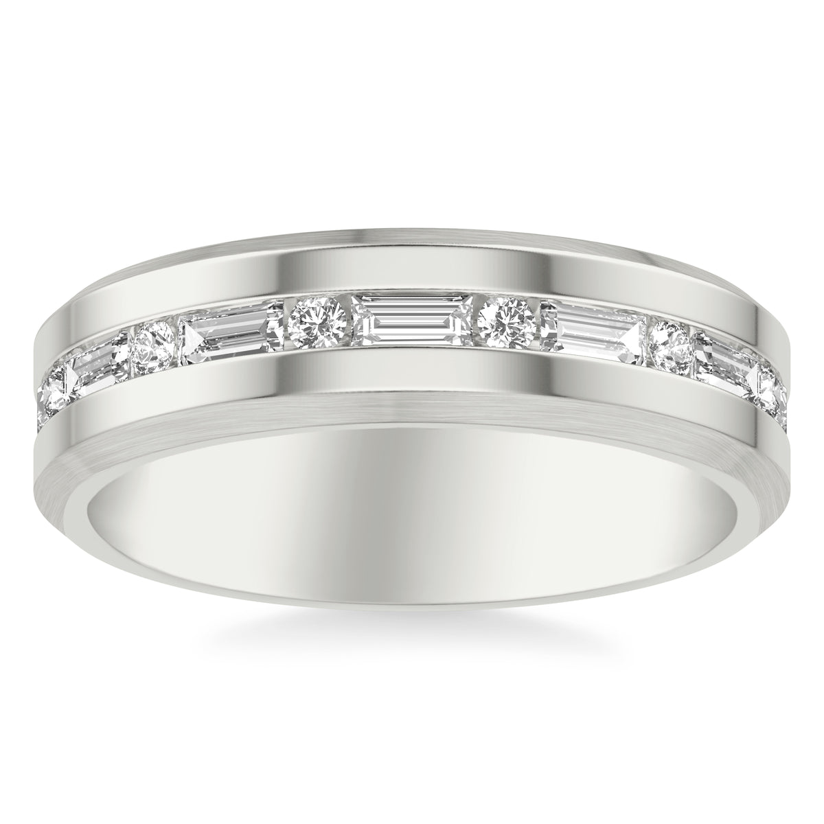 6MM Modernist Diamond Collection Band with Alternating Channel Set Baguette & Round Diamonds with Brush Center & Polished Finish Beveled Edge Profile