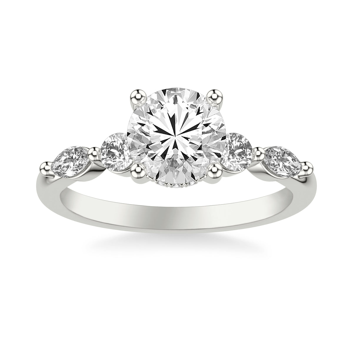 Contemporary Engagement Ring with Alternating Marquise and Round Diamonds with Shared Prongs and Hidden Diamond Details