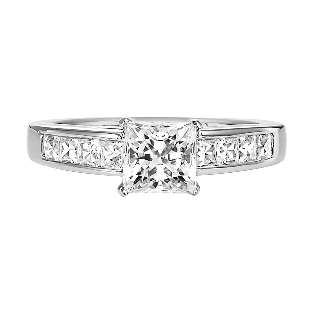Featuring a princess cut diamond center stone with a channel set princess cut diamond band, this engagement ring is a pure show-stopper
