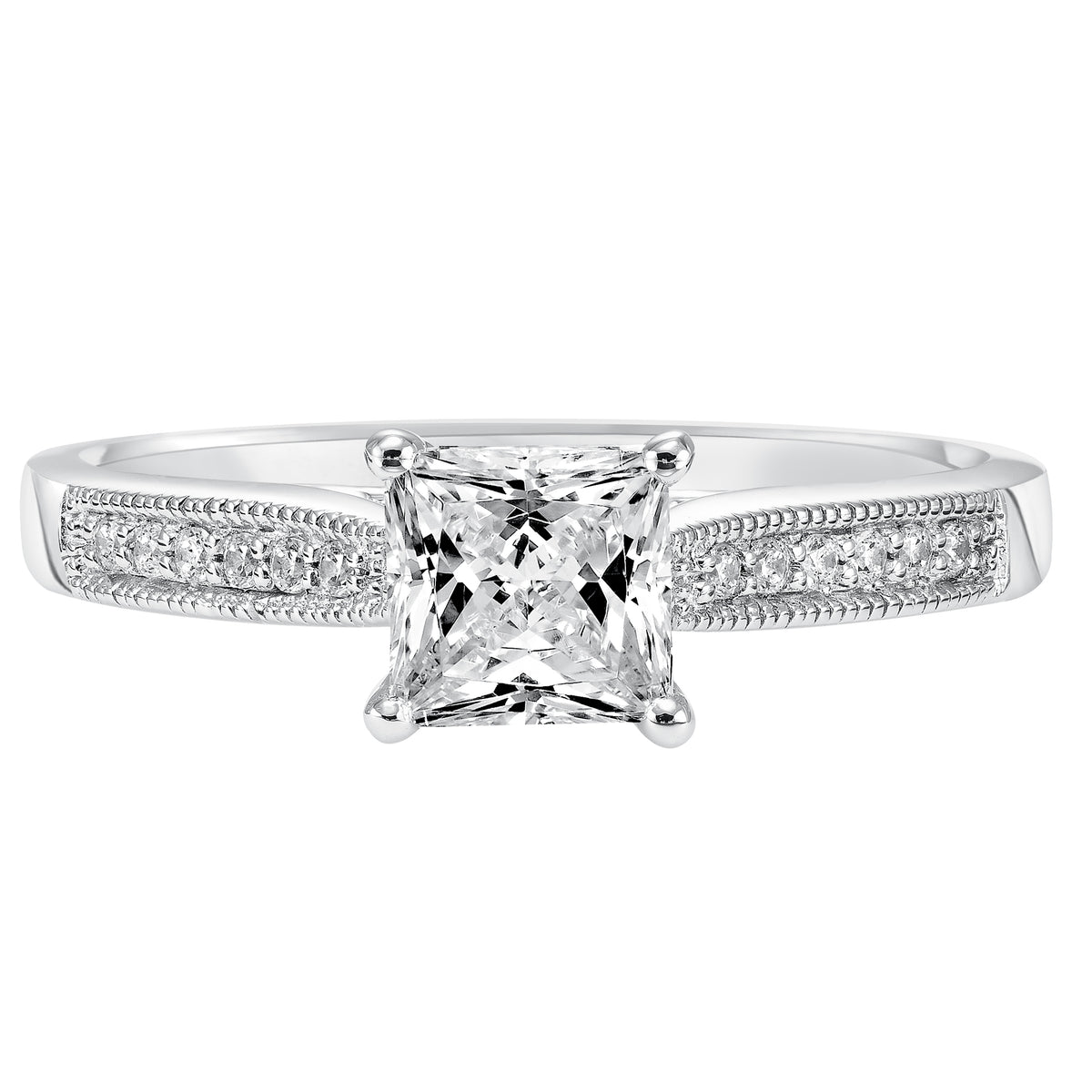Classic meets heirloom with this beautiful engagement ring featuring a princess cut center stone and a milgrain, prong set diamond band