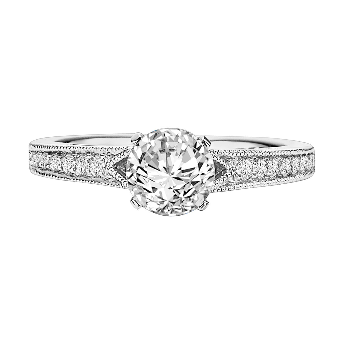 Vintage chic styling accentuates this stunning engagement ring featuring round center diamond and a milgrain, prong set diamond split band design