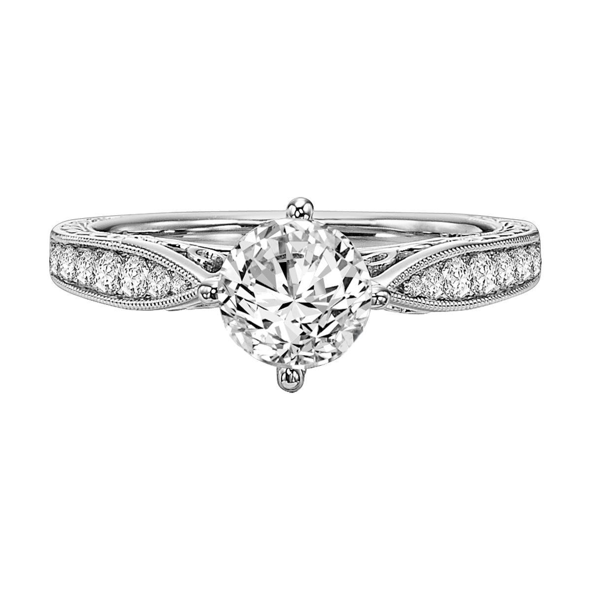 Masterfully crafted, this engagement ring dazzles with its round center stone and prong set diamond band with delicate milgrain and beautiful engraving