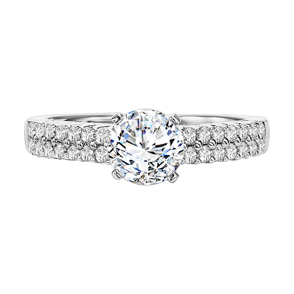 Breathtakingly beautiful, this classic round center diamond is set to sparkle with its two row prong set white diamond band