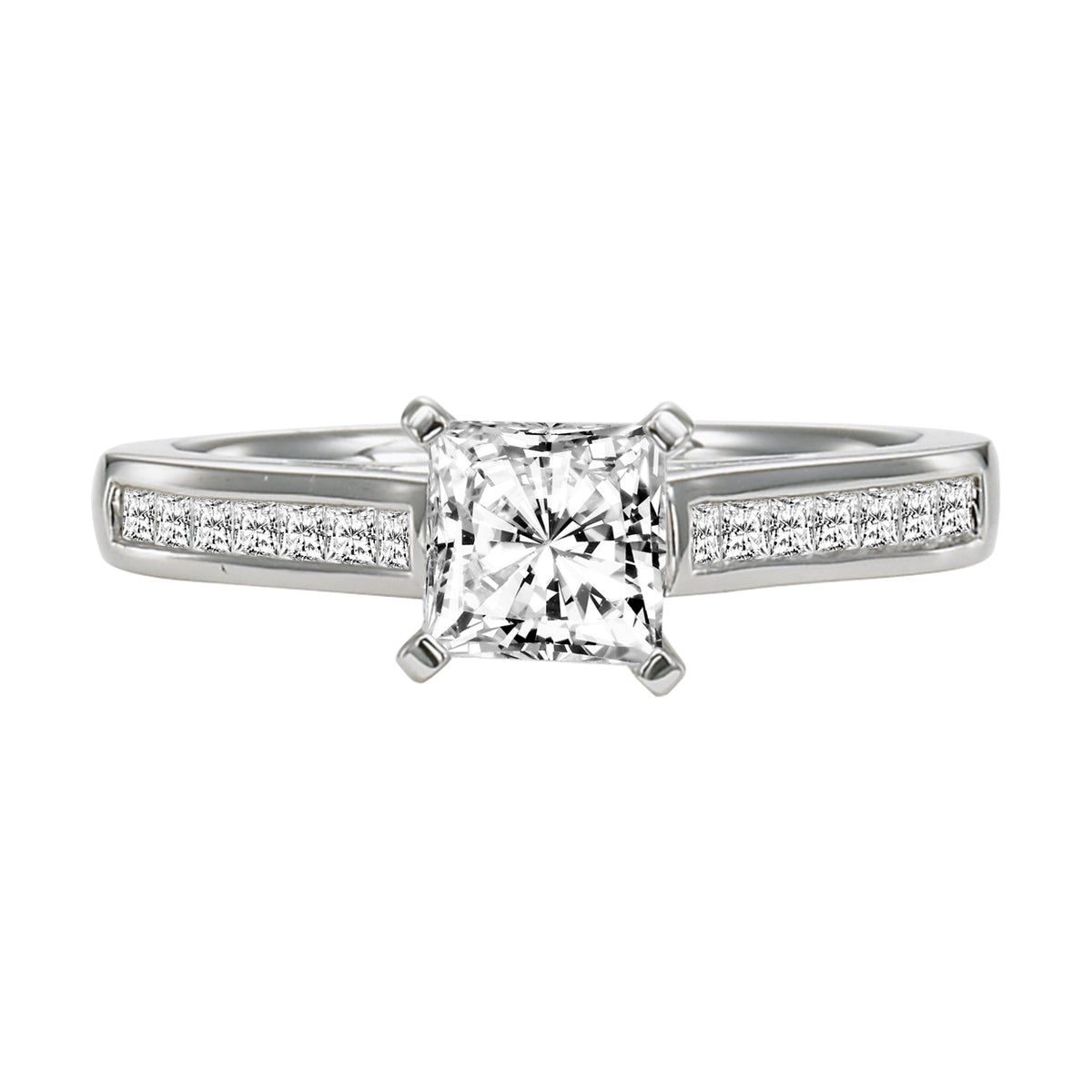 For the princess at heart, this classically designed princess cut diamond engagement ring is complimented by a princess cut diamond channel set band