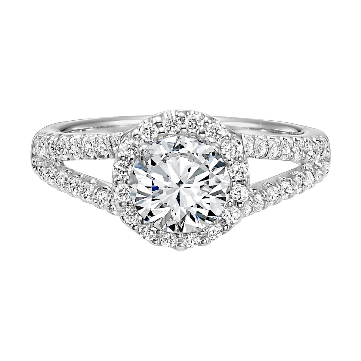 This engagement ring is sure to make a statement with its alluring split shank diamond prong set band and dazzling halo accentuating the center diamond