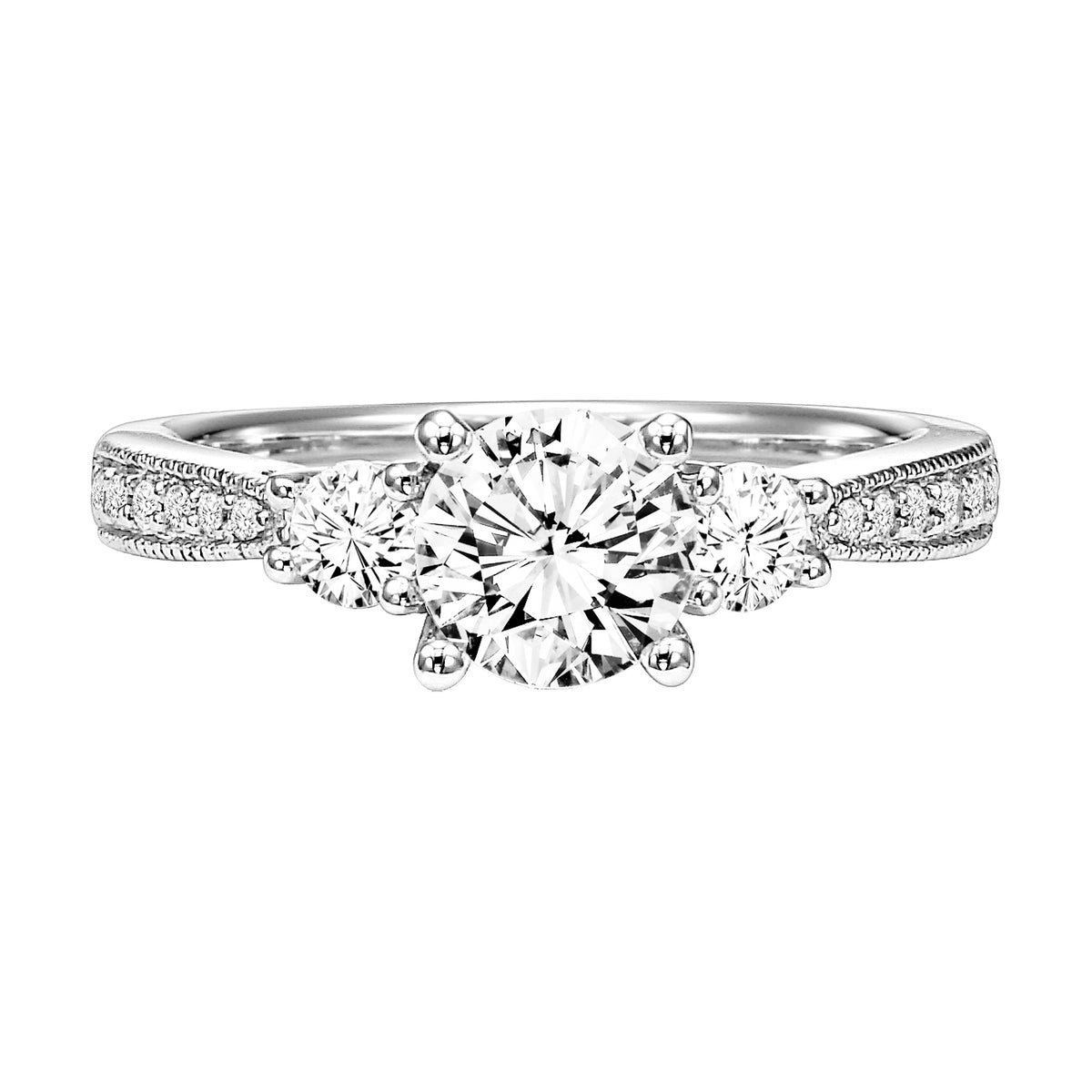 This stunning 3-stone diamond engagement ring fuses classic design with vintage flair pairing its elegant diamond prong set band with milgrain