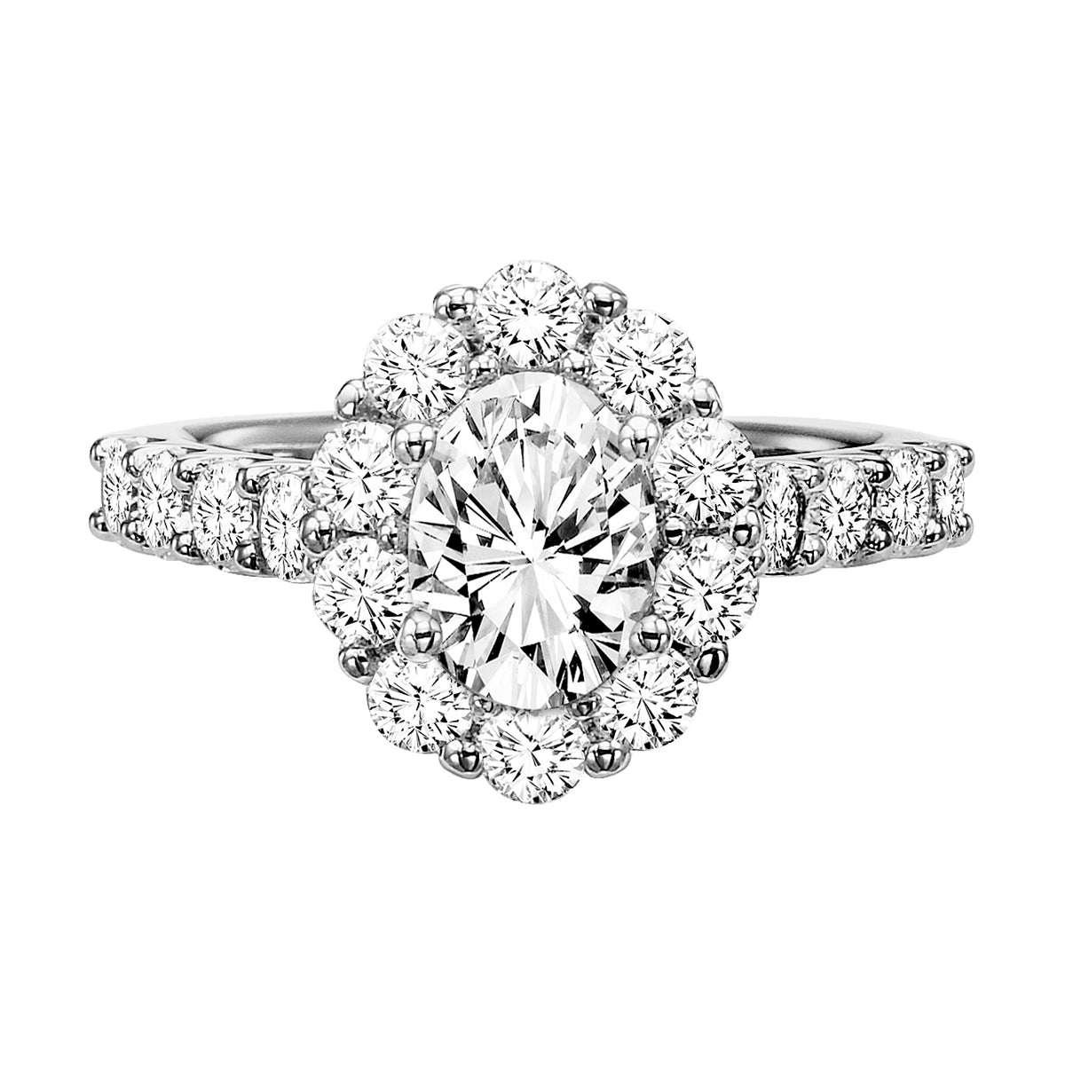 This impressive shared prong diamond halo and band is a pure show-stopper as it grandly accentuates the center stone for a bold, beautiful look