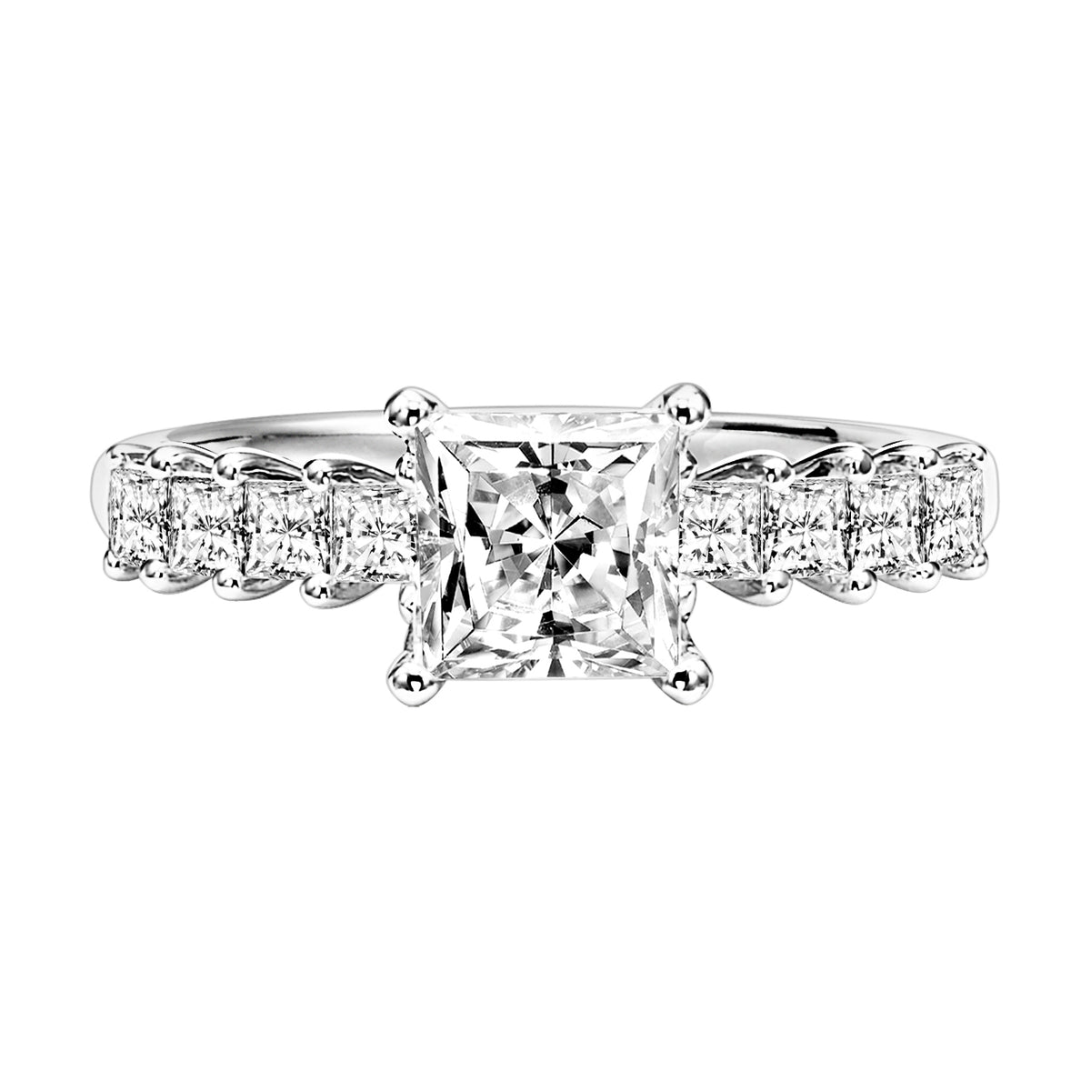 Featuring a princess cut diamond center stone with a shared prong set princess cut diamond band, this engagement ring is simply spectacular