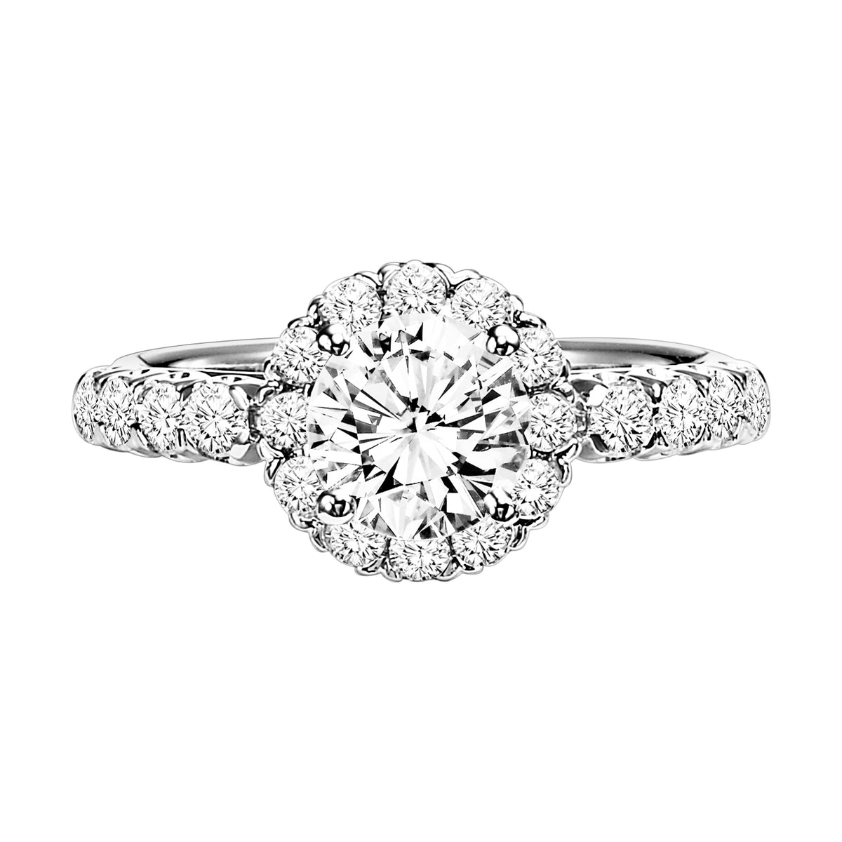 Engagement ring features an oval cut diamond accentuated by an exquisitely set diamond shared prong halo and band for maximum sparkle