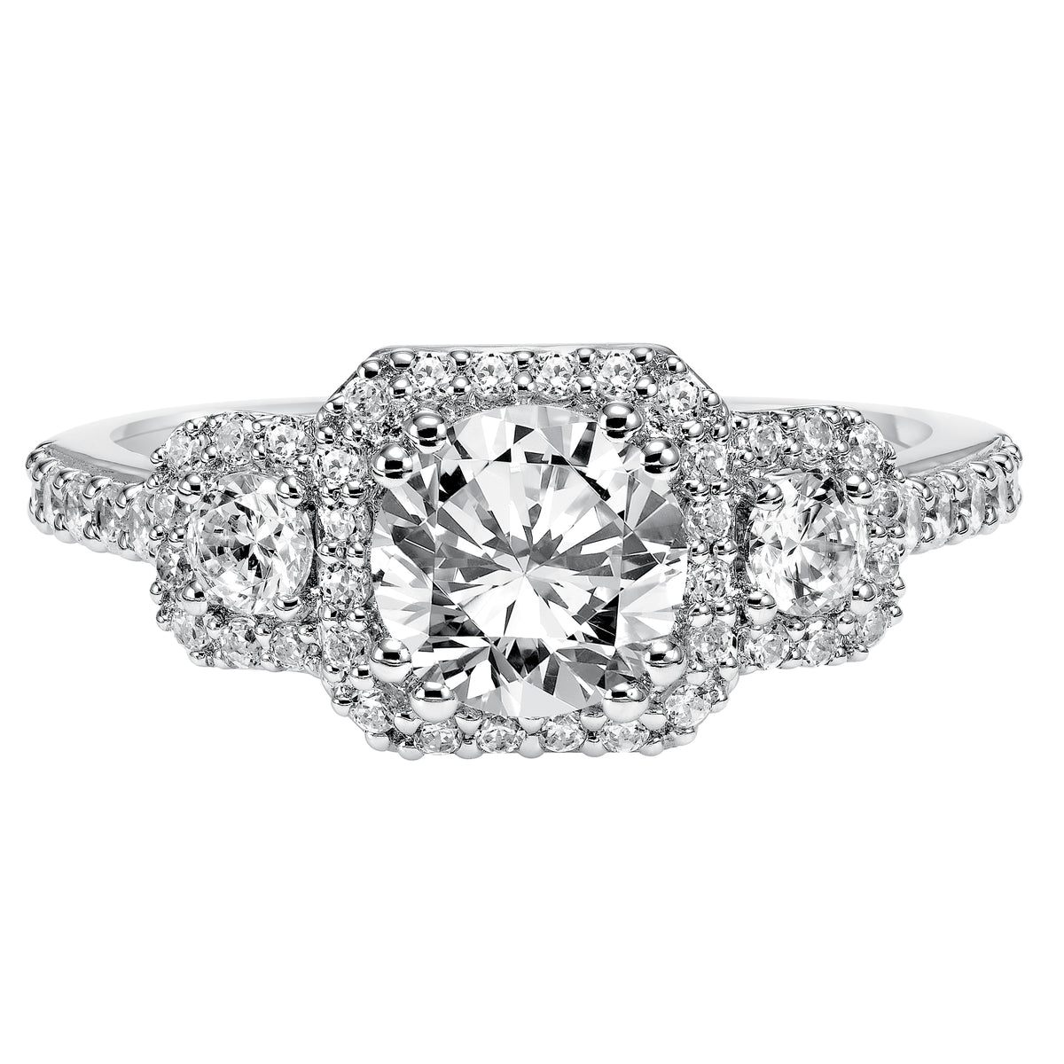 3-stone diamond engagement ring features prong set diamond halos surrounding each diamond whilst paired with a matching diamond band