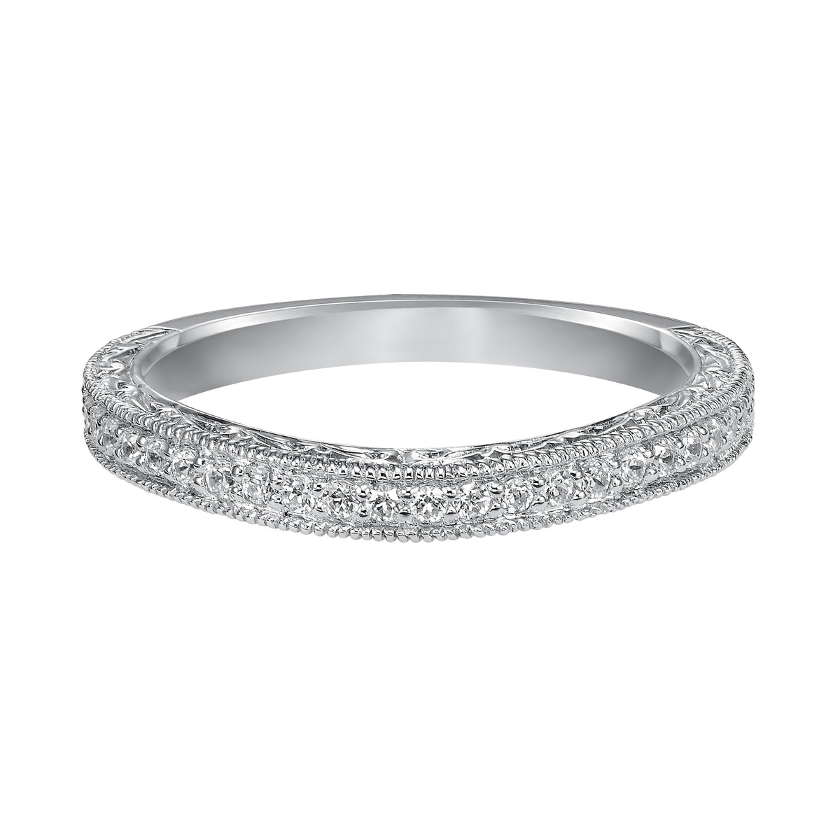 Wedding band with bead set, round diamonds, milgrain, engraving and curved design to fit flush with matching engagement ring.