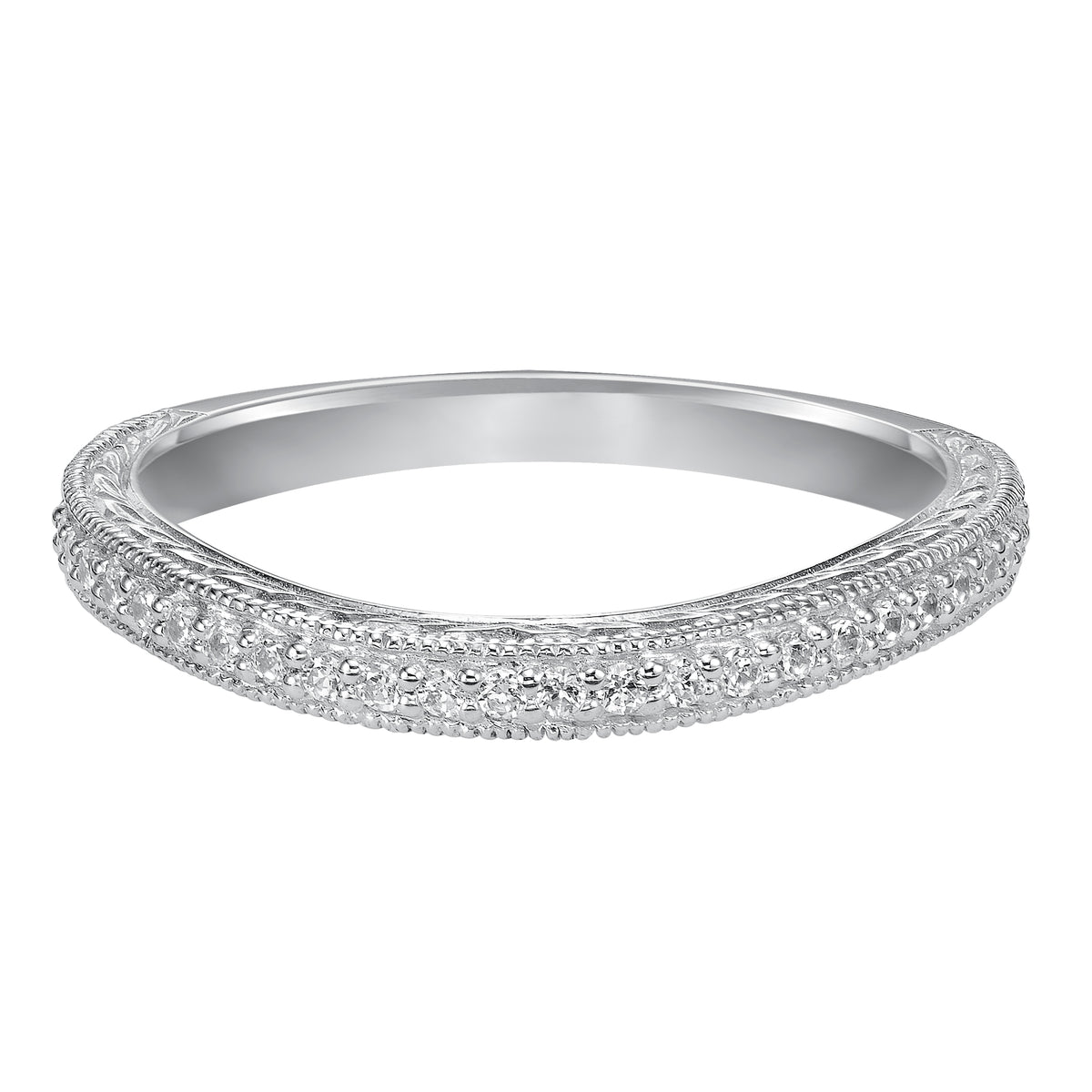 Wedding band with bead set, round diamonds, milgrain, engraving and curved design to fit flush with matching engagement ring.