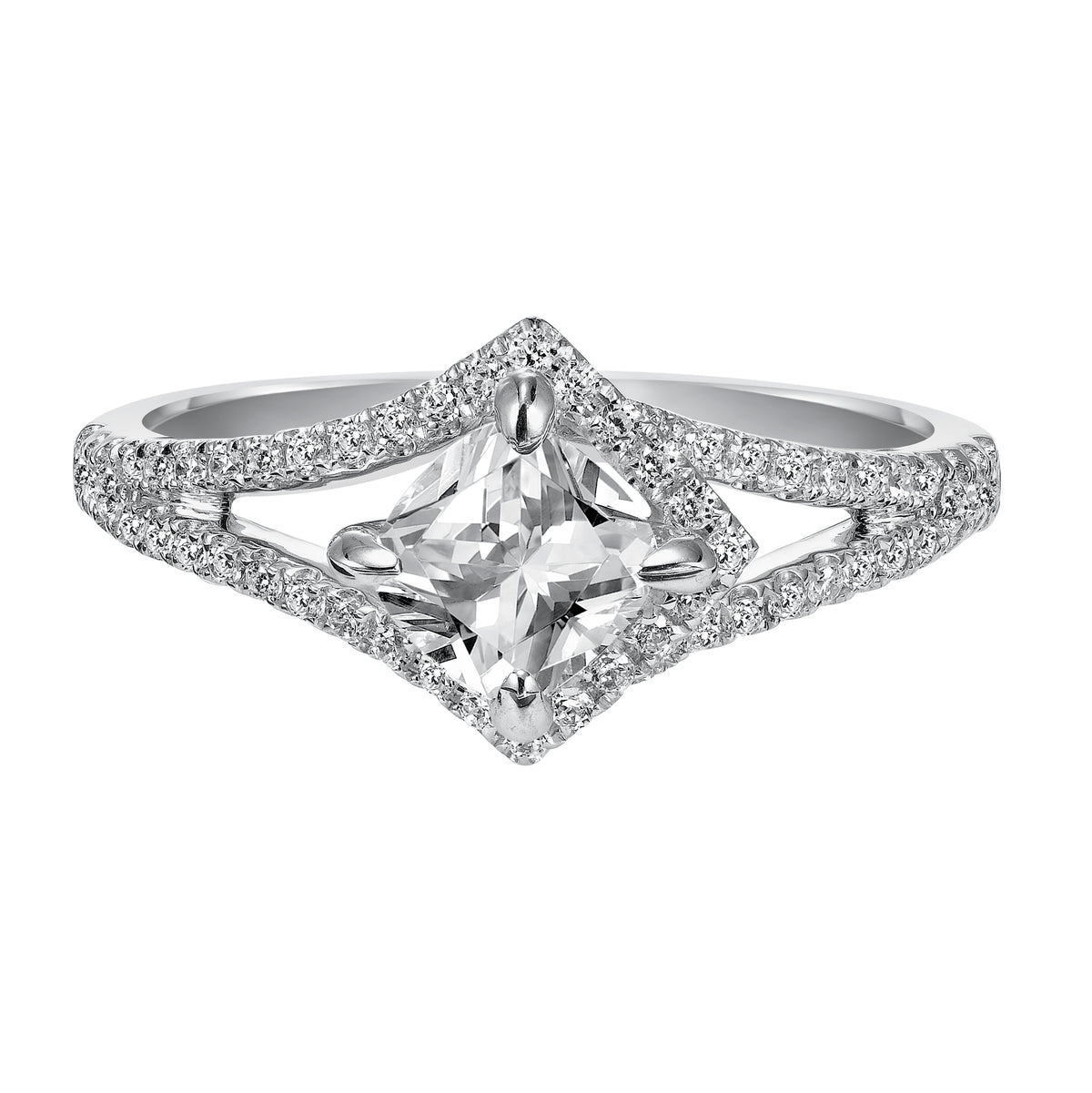 Contemporary angles inspired the design of this princess cut diamond engagement ring featuring a free form prong set diamond split band