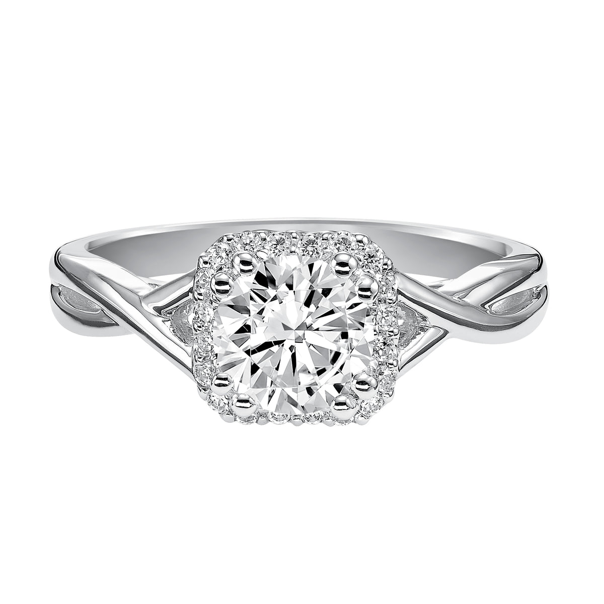 Beautiful and timeless, this round diamond engagement ring features a delicate prong set diamond halo and high polished ribbon-inspired band