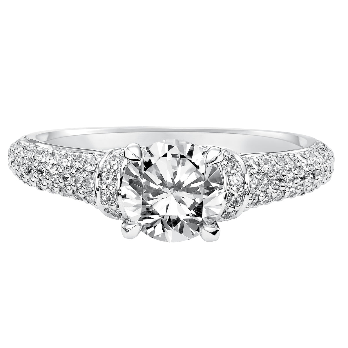 This engagement ring is infused with intricate diamond pave embracing the center diamond stone and elegant pave diamond band