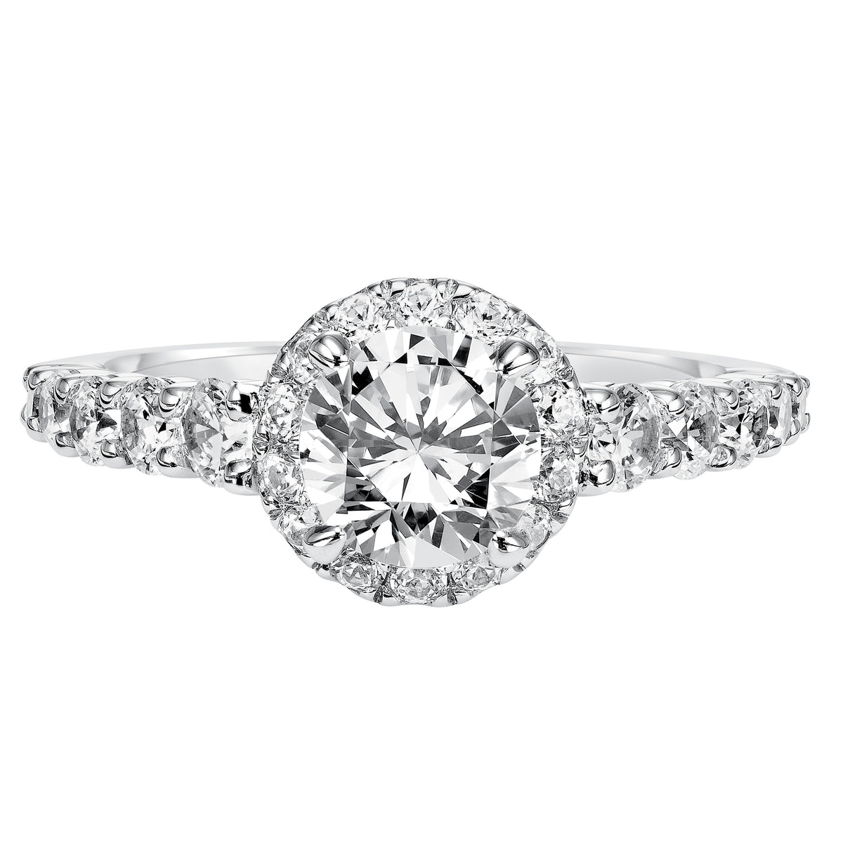 Magnificent and grand, this engagement ring was designed to accentuate the center diamond with its shared prong diamond halo and band for a show-stopping look