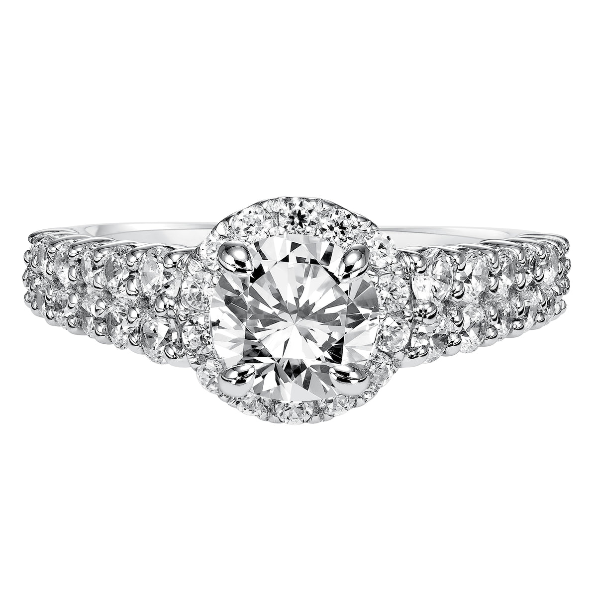 This impressive prong set diamond engagement ring dazzles brilliantly with its double row band and halo to accentuate the center diamond